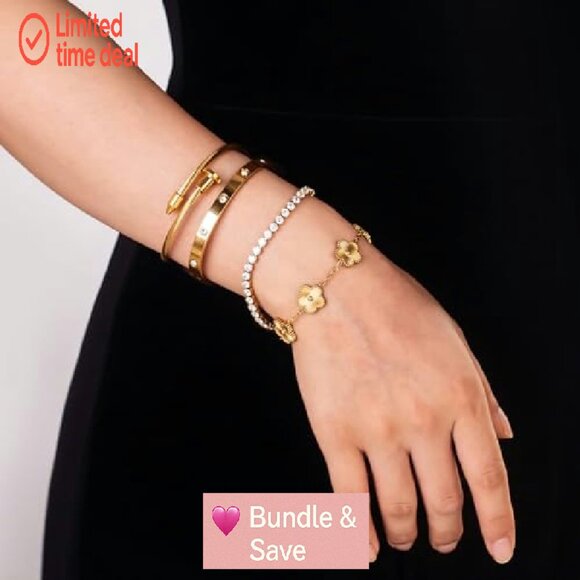 18K Gold Plated Tennis Bracelet Set, 4-Piece Stackable, Adjustable, Stainless - Picture 7 of 8